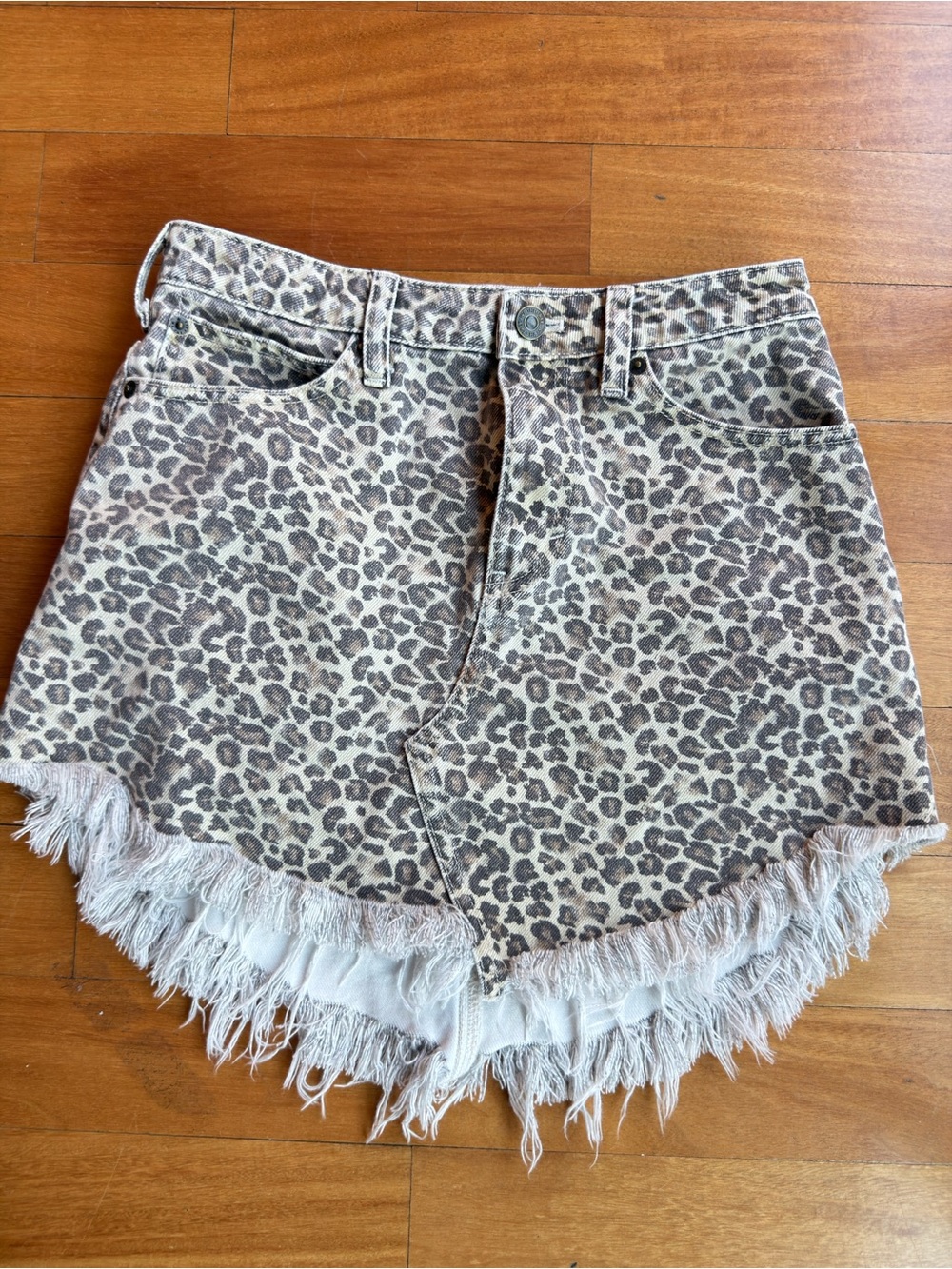 We The Free Leopard Print Mini Skirt with Fringed Hem - Beige Brown